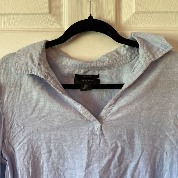Tahari Women’s Large Linen 3/4 Sleeve Blouse Pullover V Neck Blue - Picture 3 of 11